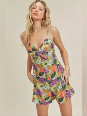 Lush Floral Cami Romper in Purple, Green, Yellow